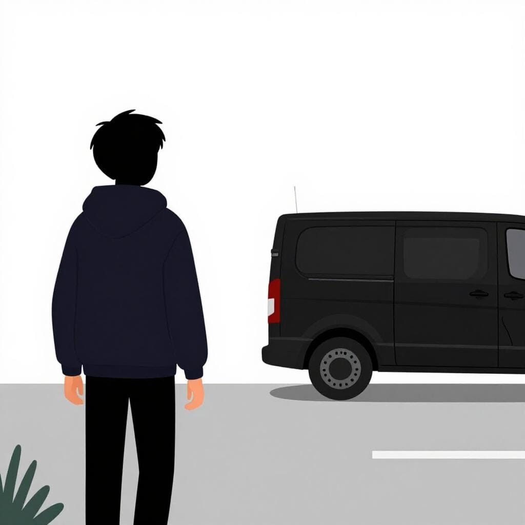 Eine Silhouette einer Figur, die von einer maskierten Person in einen dunklen Lieferwagen gezerrt wird.