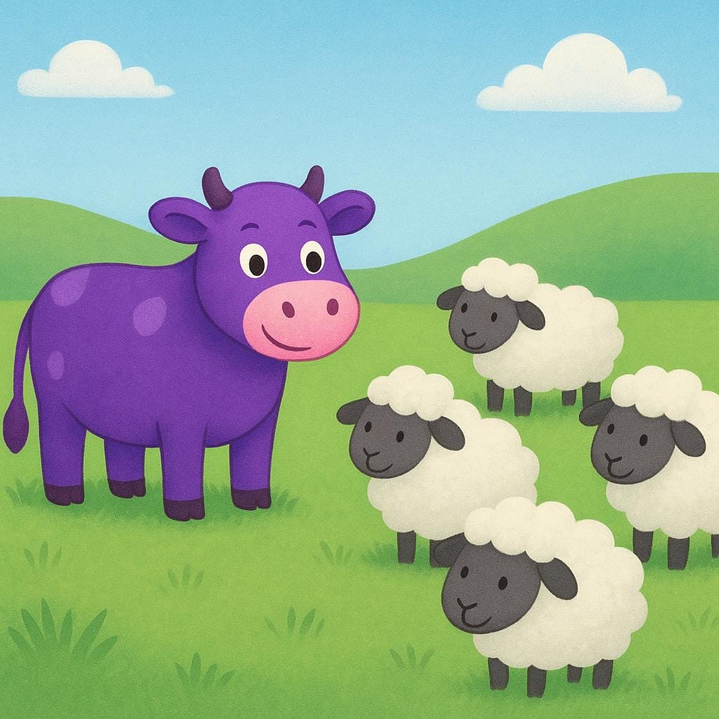 Een paarse koe die tussen verschillende witte schapen in een groen veld staat, wat de vreemdheid benadrukt.