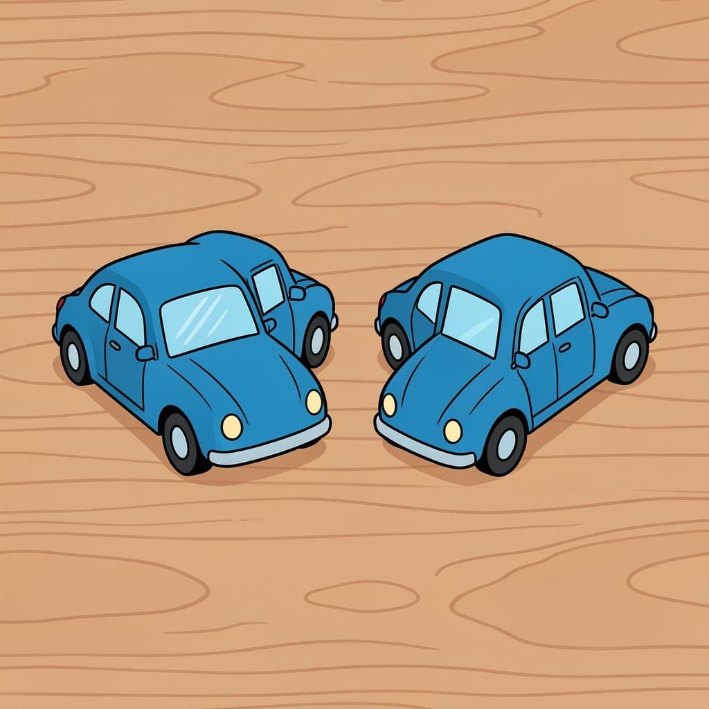Two identical blue toy cars sitting side-by-side on a wooden table.