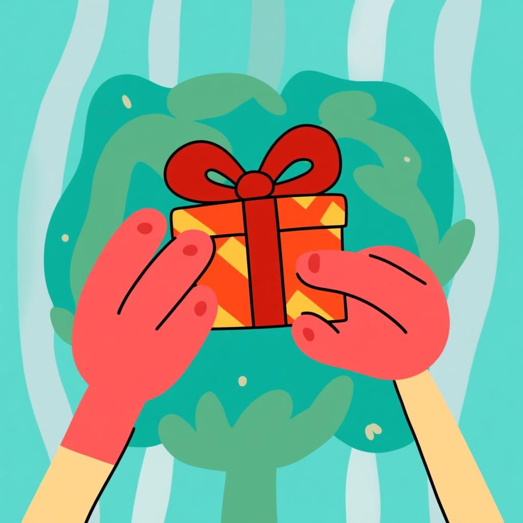 A small, brightly wrapped present being handed gently from one stylized hand to another, symbolizing the act of giving.