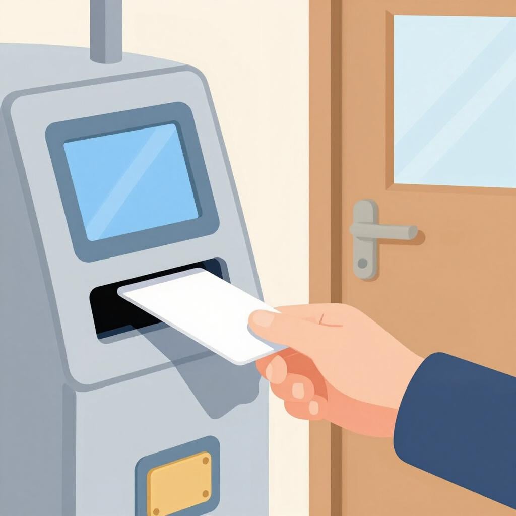 A person's hand inserting a small card into a slot on a wall-mounted machine at a doorway.