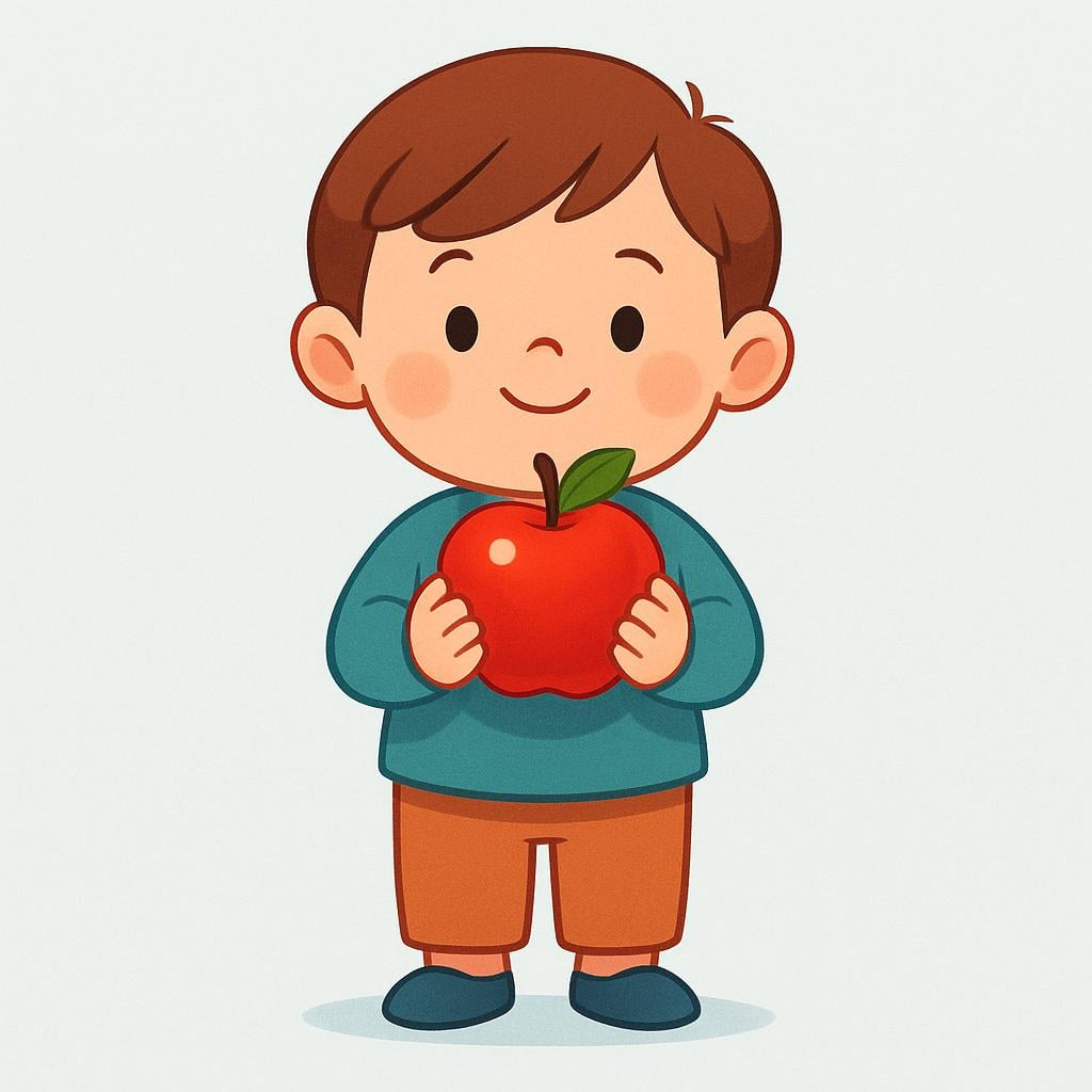 A small, cheerful storybook character holding up a single, bright red apple with both hands, clearly presenting it to the viewer.