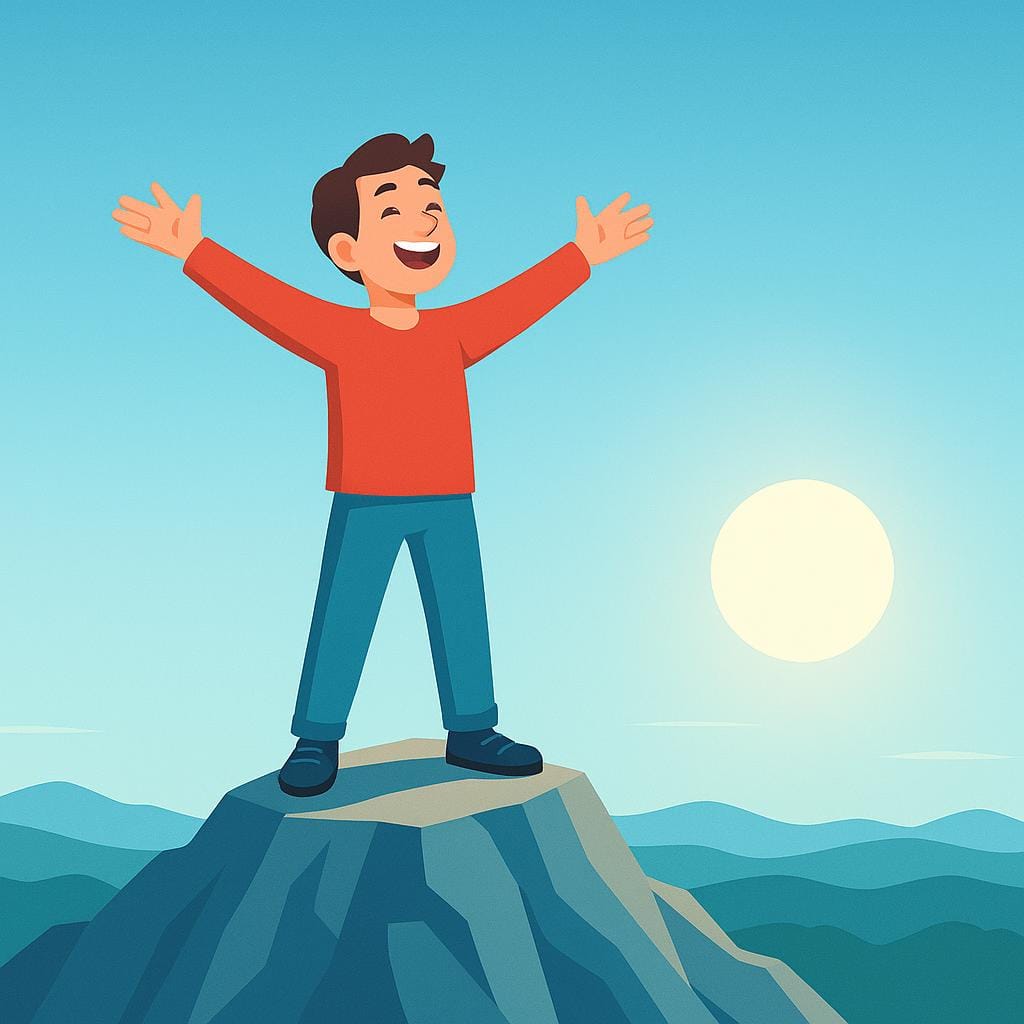 Uma pessoa de pé, ereta, no topo de uma montanha com os braços abertos, olhando para um horizonte ensolarado.