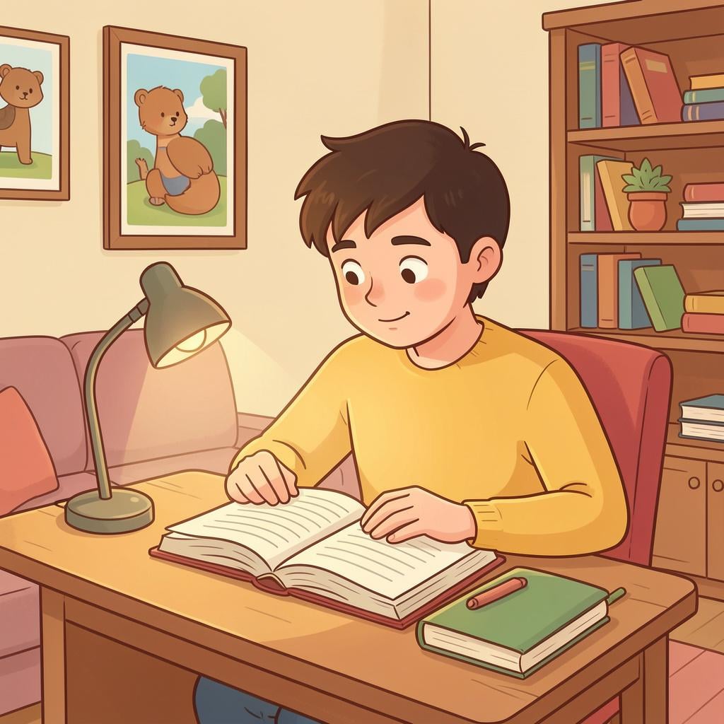 A person sitting at a wooden desk with an open book and a glowing lamp, looking focused.