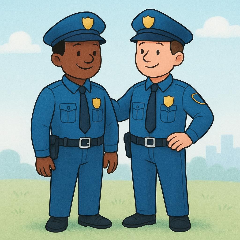 A colorful storybook illustration featuring two friendly police officers standing side-by-side. They are wearing blue uniforms, badges, and traditional police hats.
