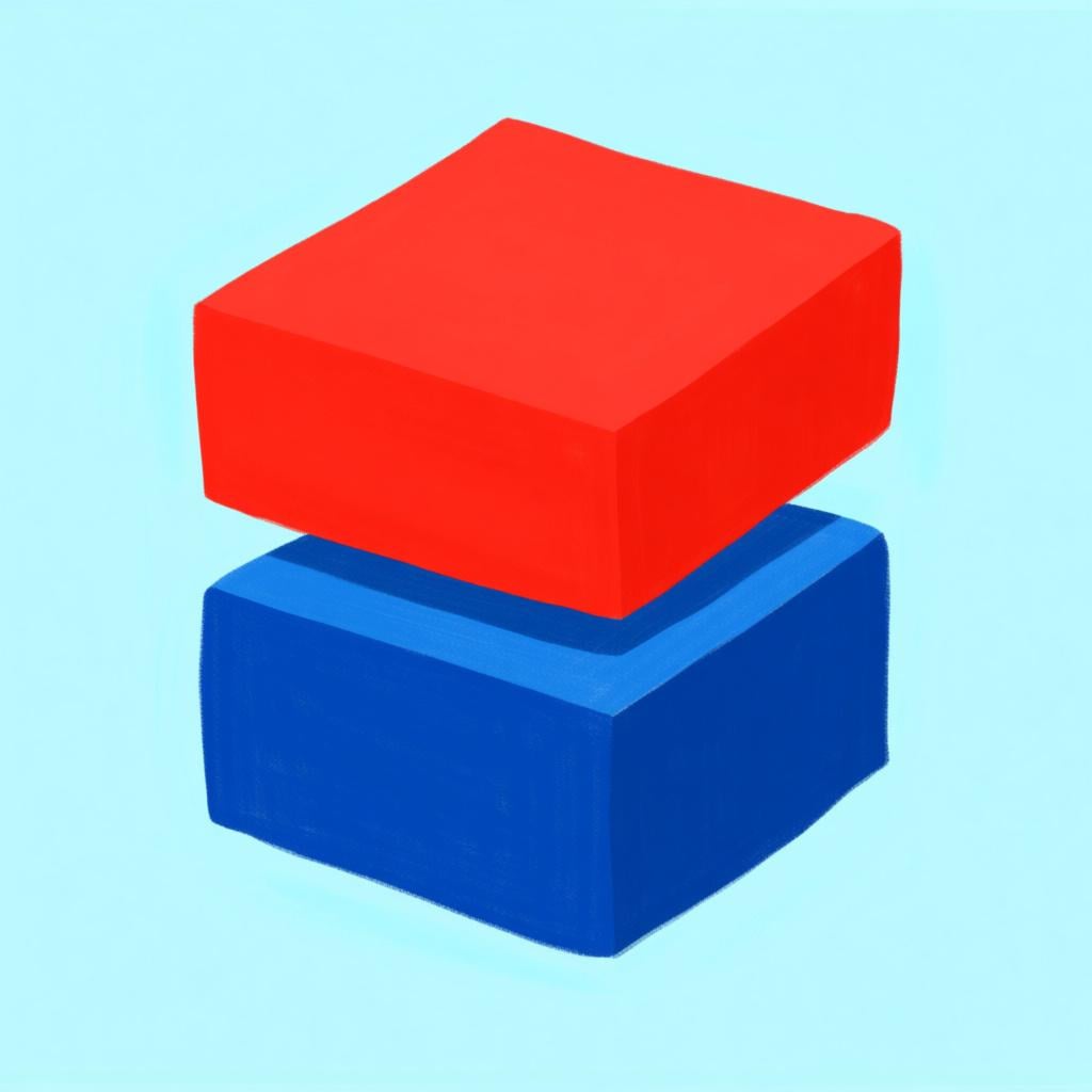 A red square resting perfectly on top of an identical blue square, demonstrating exact alignment with no overlap.