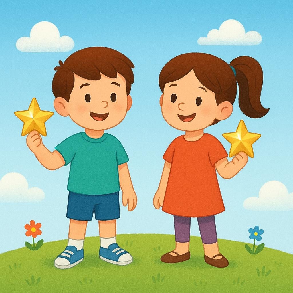 A storybook illustration showing two cheerful children, a boy and a girl, standing on a simple green hill. Each child is proudly holding an identical shiny golden star.