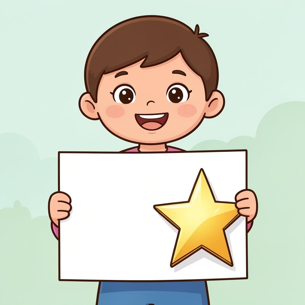 A happy student holding a paper with a large bright gold star on it.