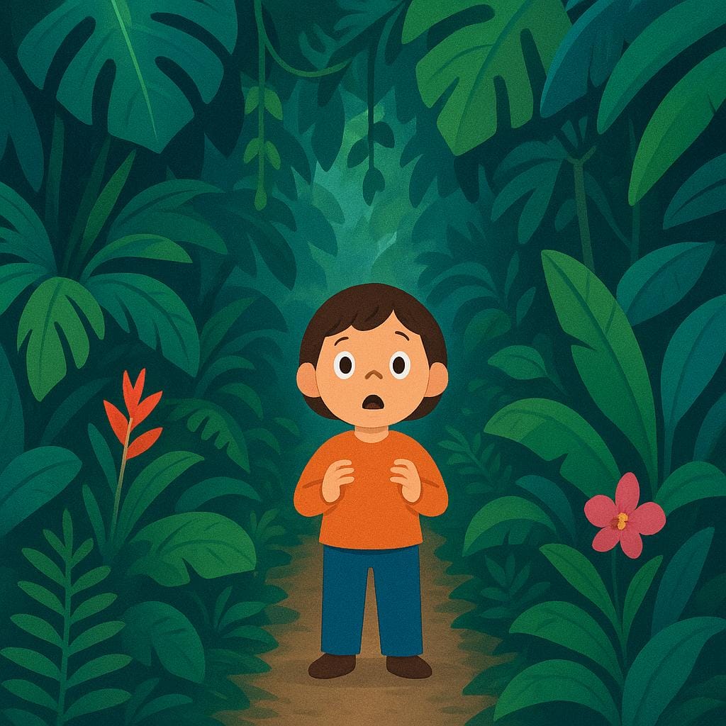 Una figura singola si trova al centro di un sentiero denso e tropicale nella giungla, guardandosi intorno con espressione sorpresa, illustrando la realizzazione della propria posizione inaspettata.