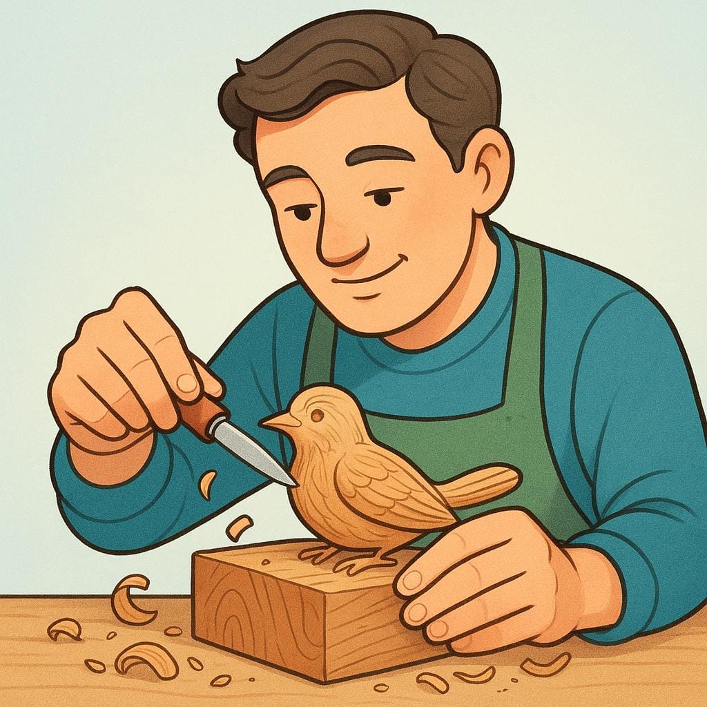 A smiling carpenter in a workshop, demonstrating high skill by smoothly carving a detailed wooden object using a small chisel.