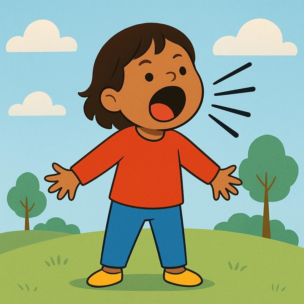 A high quality simple colorful storybook illustration of a small person standing in a bright green field, mouth wide open, emitting exaggerated, stylized sound lines to represent a loud shout.