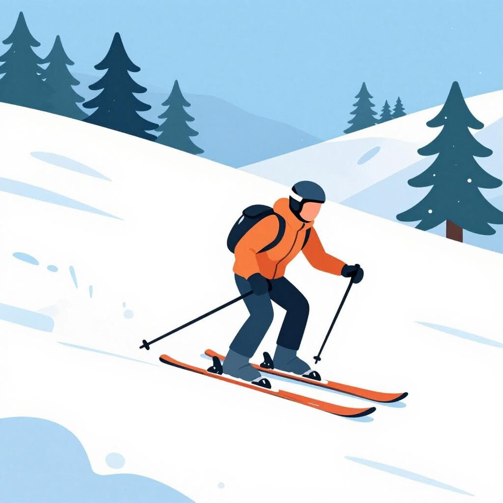 Une personne portant une veste bleu vif et des lunettes de ski descendant une pente enneigée.