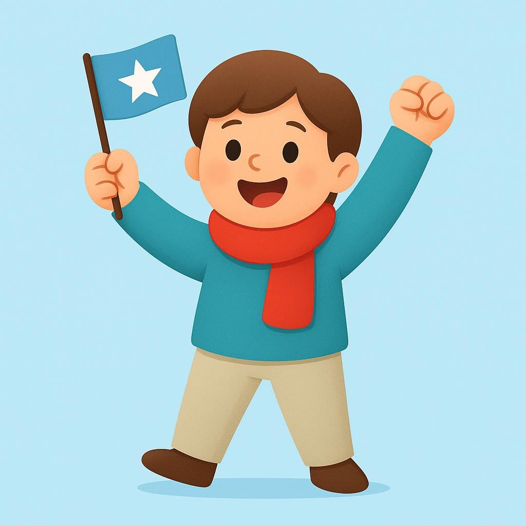 A cartoon illustration showing a smiling person enthusiastically raising their arms, dressed in simple red and white fan gear, representing an admirer or supporter.