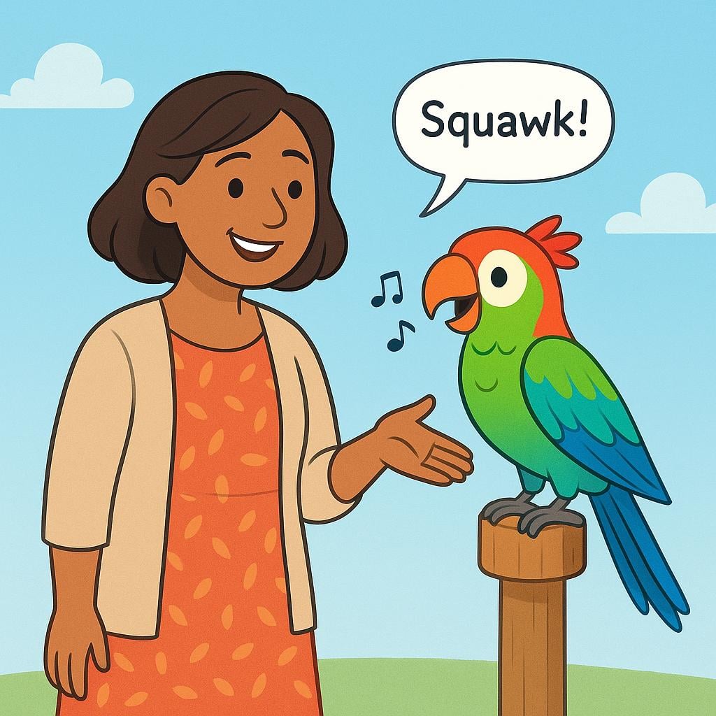 A friendly cartoon woman is making an encouraging gesture toward a parrot perched on a stand, prompting the bird to speak again, representing the command 'Repeat!'