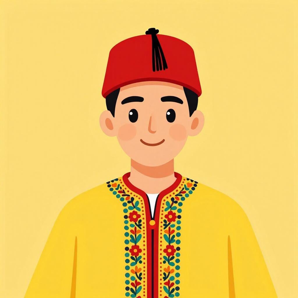 Una persona che indossa un tradizionale cappello fez rosso e una colorata tunica ricamata.