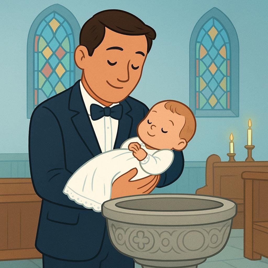 A man gently holding a baby over a baptismal font in a church setting, fulfilling the role of a godfather.
