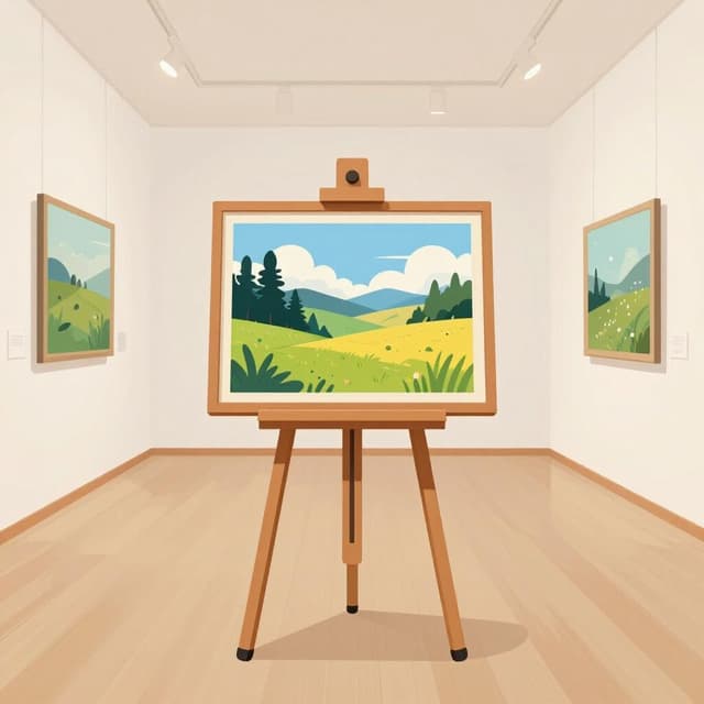 A colorful painting of a landscape displayed on a wooden easel in a bright room.