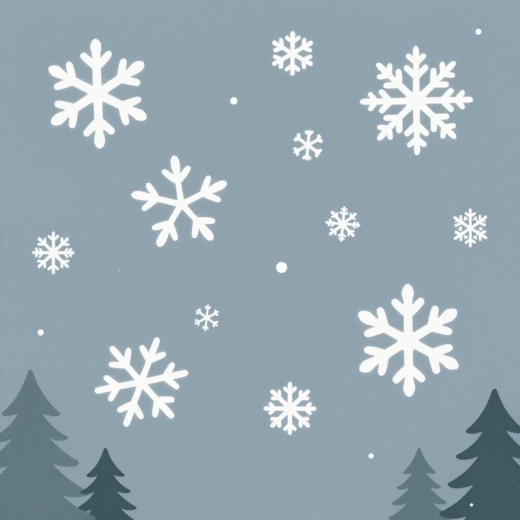 Large white snowflakes falling from a soft gray sky onto a quiet landscape.