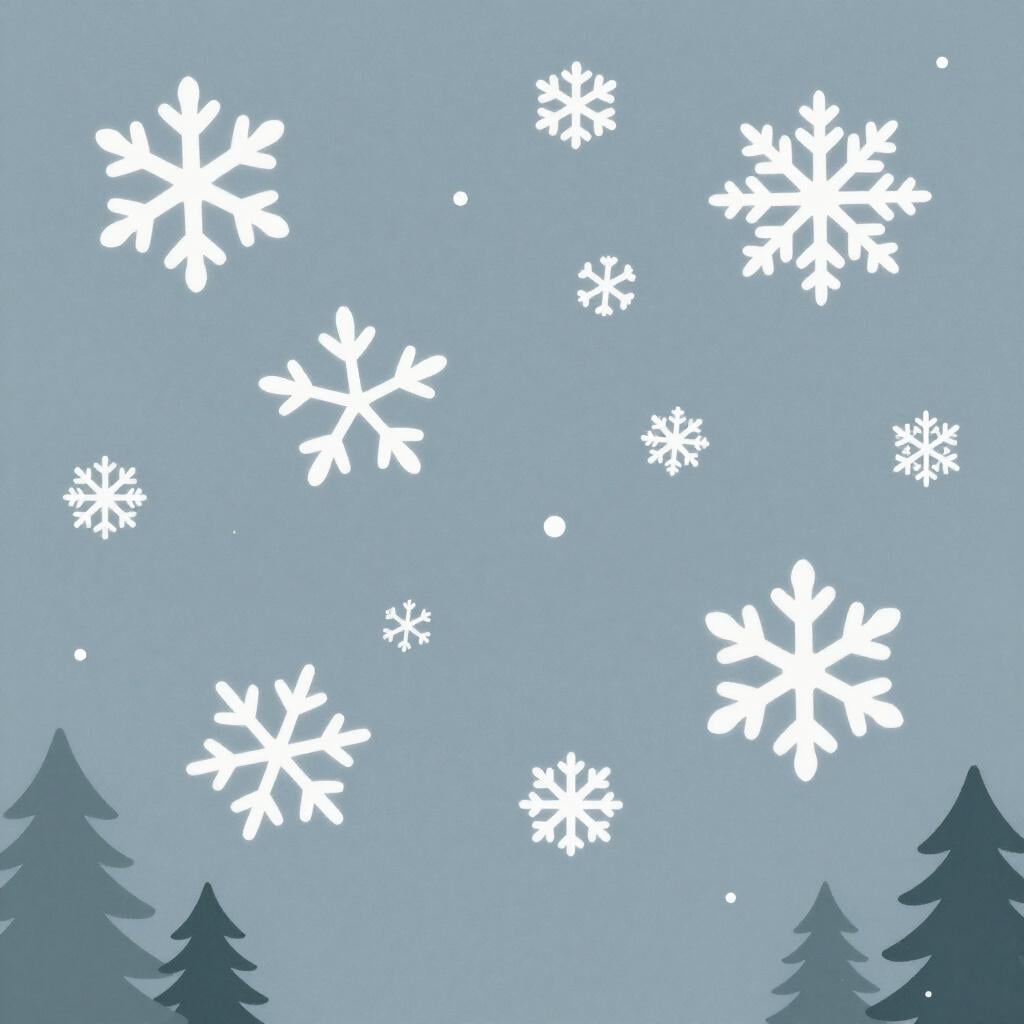 Large white snowflakes falling from a soft gray sky onto a quiet landscape.