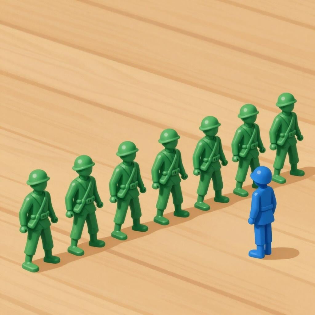 Una fila di diversi soldatini verdi seguita da un singolo soldatino blu.