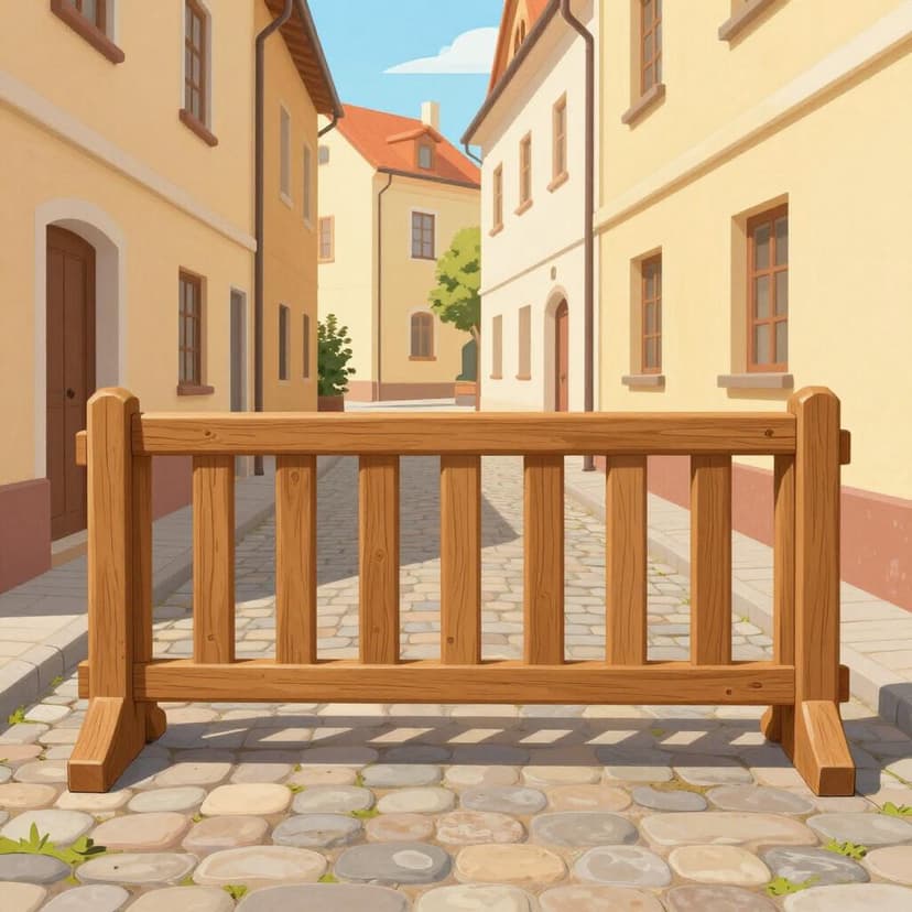 Eine große Holzbarrikade, die einen schmalen Kopfsteinpflasterweg komplett blockiert.