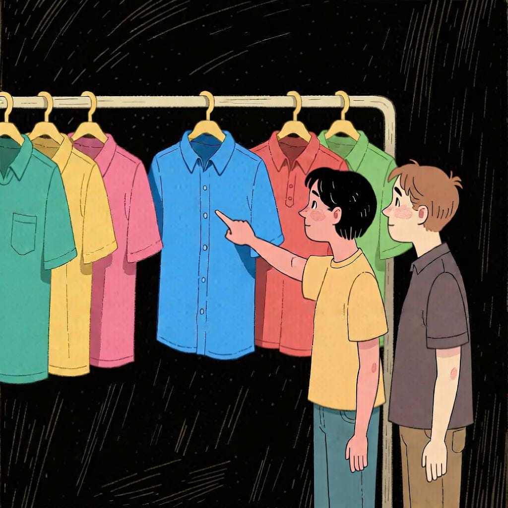 Two people are looking at several shirts on a rack. One person points to a specific blue shirt, saying 'I like that one.'