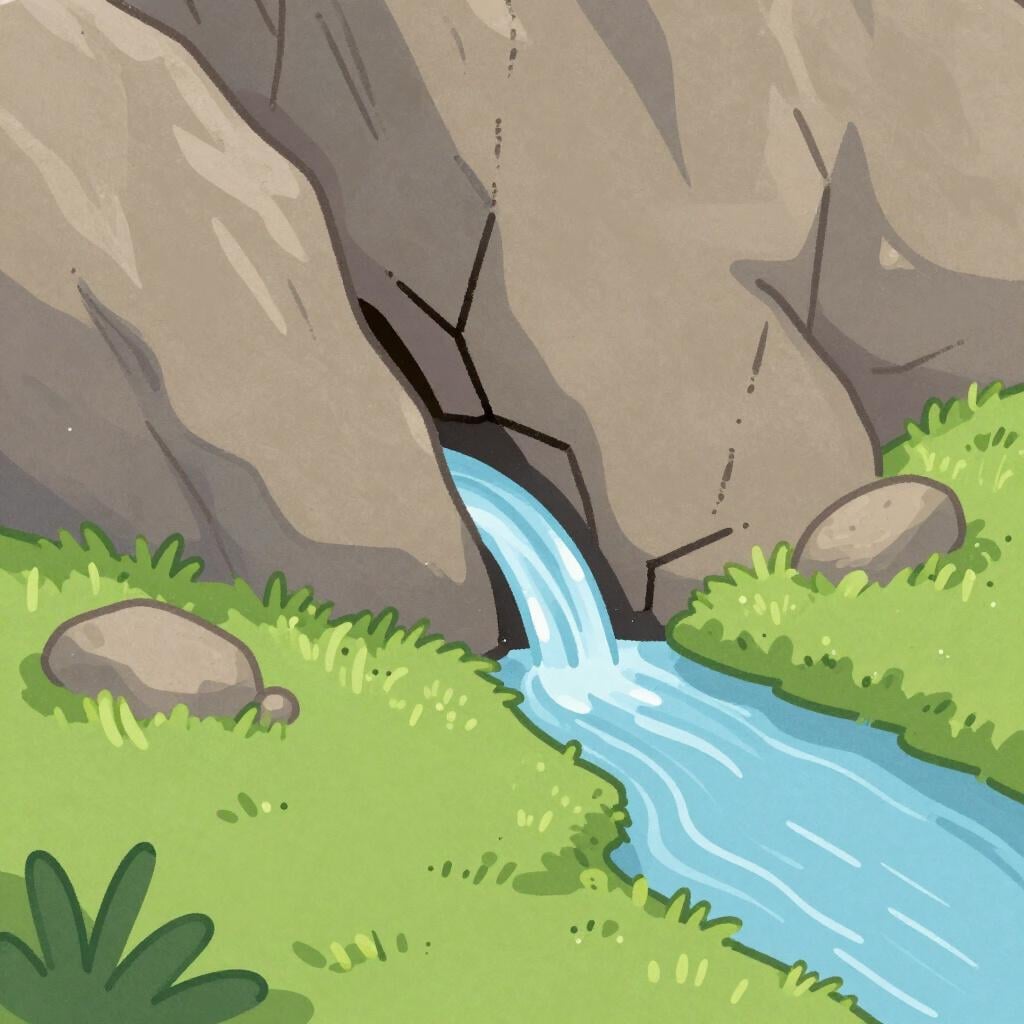 A small clear stream of water flowing out from a crack in a large grey rock.