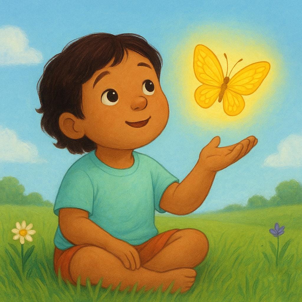 A child in a green field gazes intently with wide, absorbed eyes at a large, glowing yellow butterfly hovering near their hand.