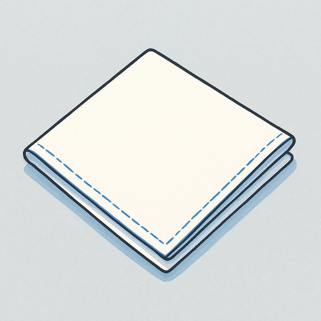 A neatly folded white square cloth handkerchief with a simple, thin blue border.