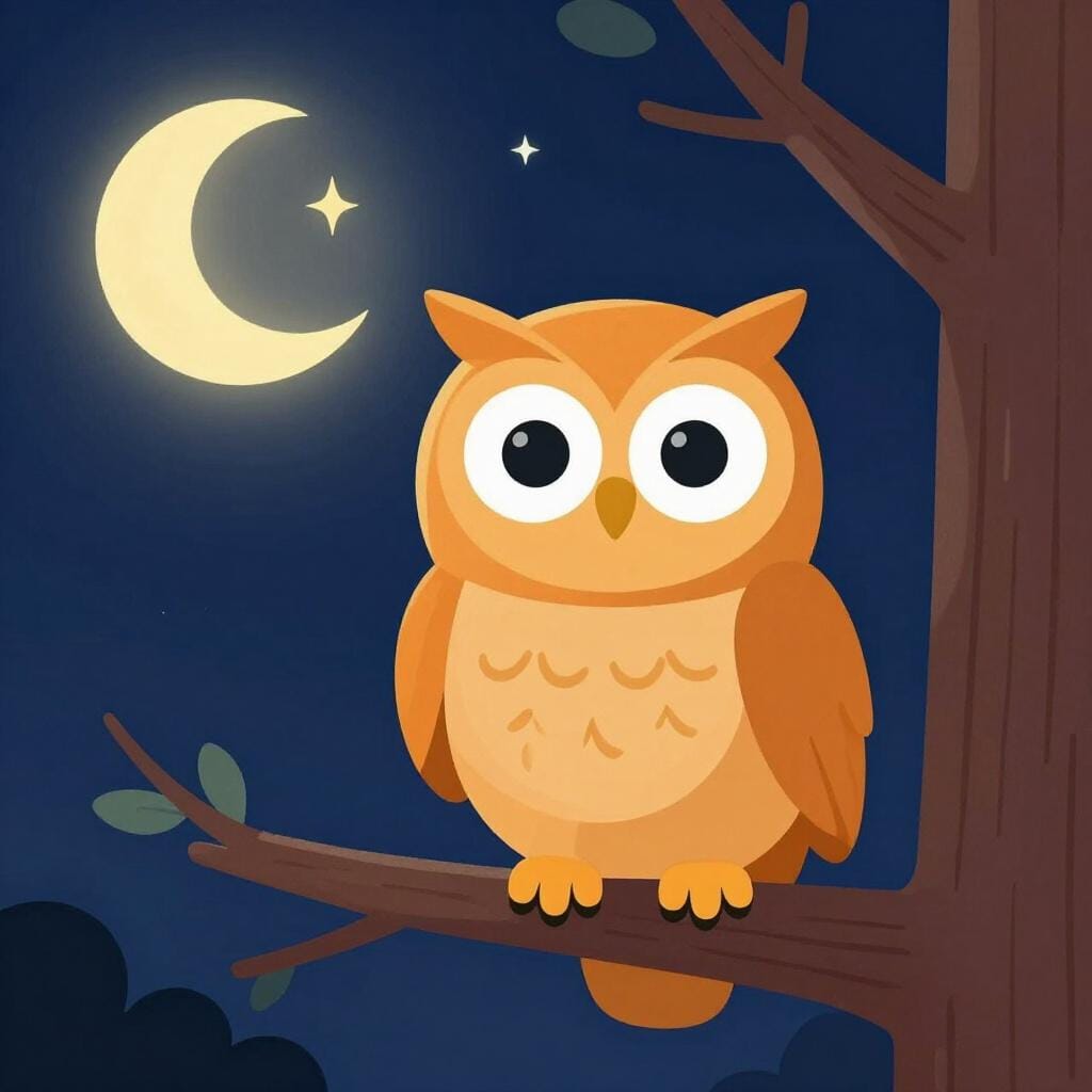 A wide-eyed owl sitting on a branch under a bright crescent moon, looking very alert while the rest of the forest is dark.