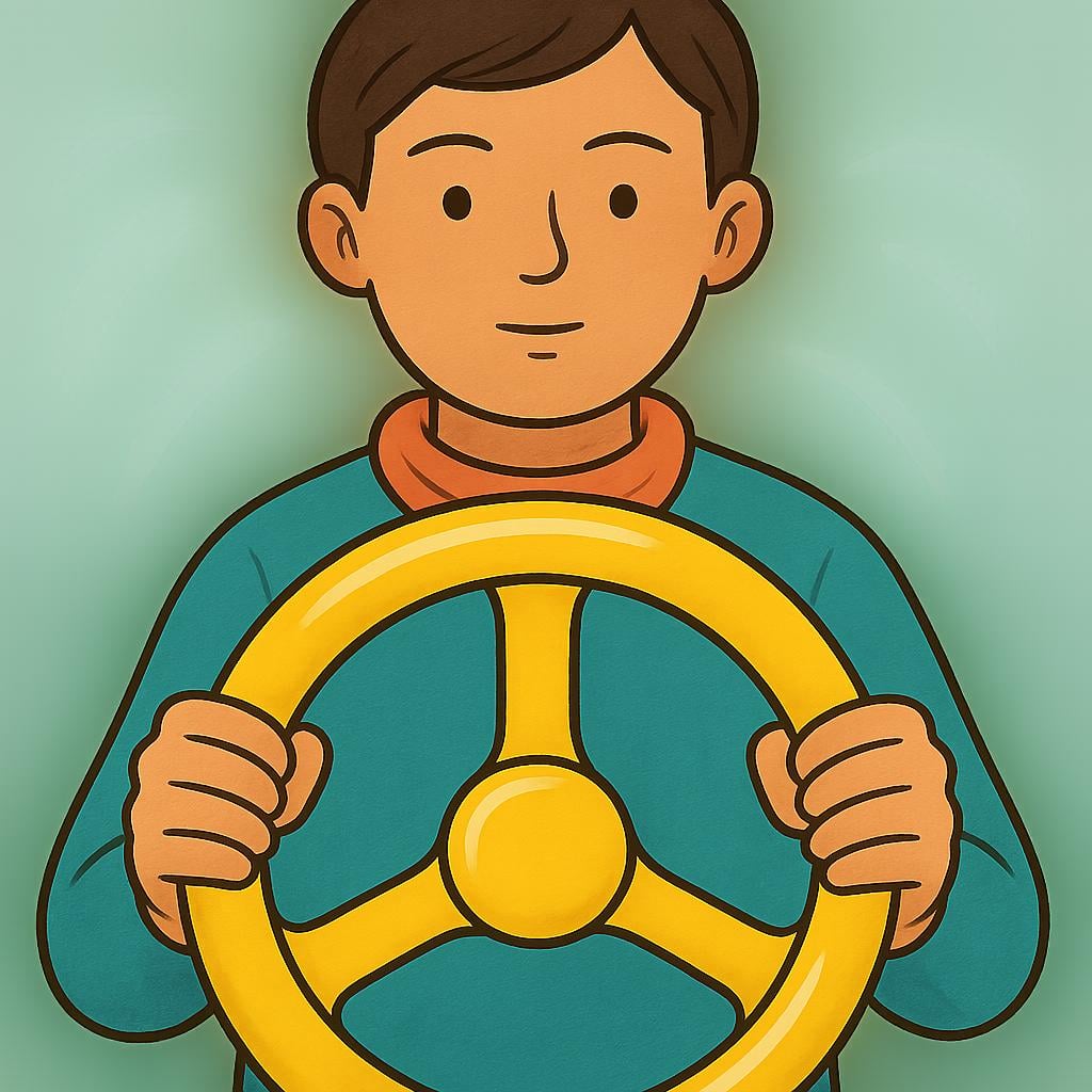 A calm, focused person holding a large, bright yellow steering wheel firmly, demonstrating control over a situation or project.