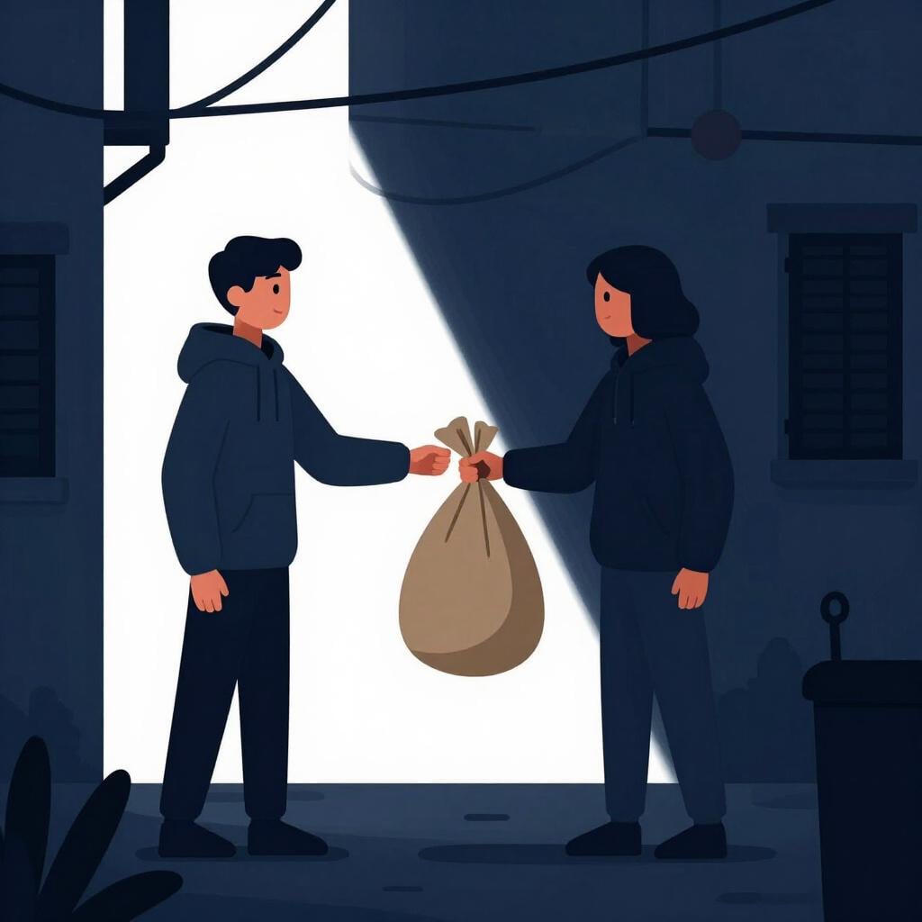 Two figures in dark clothing exchanging a mysterious bag in a dimly lit alley.