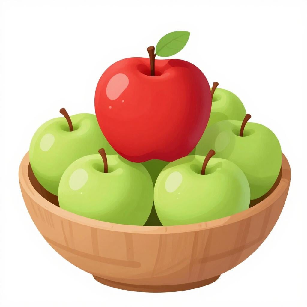 A single bright red apple sitting in the middle of a bowl of many green apples.