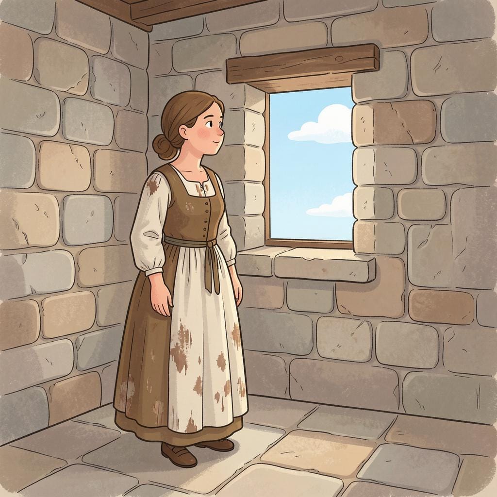 Una donna con abiti storici semplici in piedi in un ambiente umile, che guarda verso una finestra.