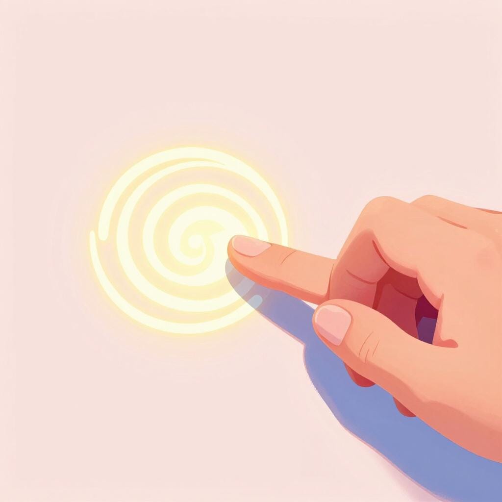 A close-up illustration of a single human fingertip pressing against a surface, leaving behind a bright, colorful swirl pattern.