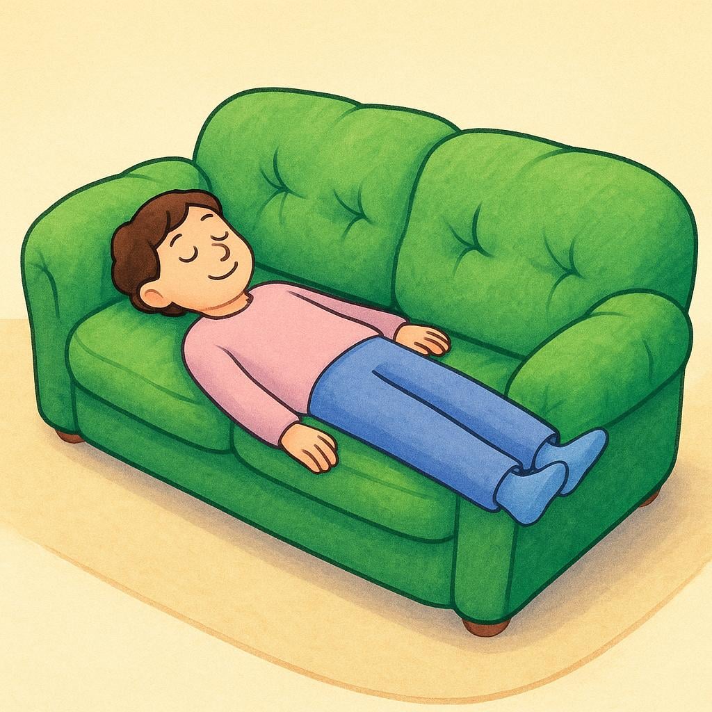 A person is lying down completely flat and relaxed on a large green sofa.