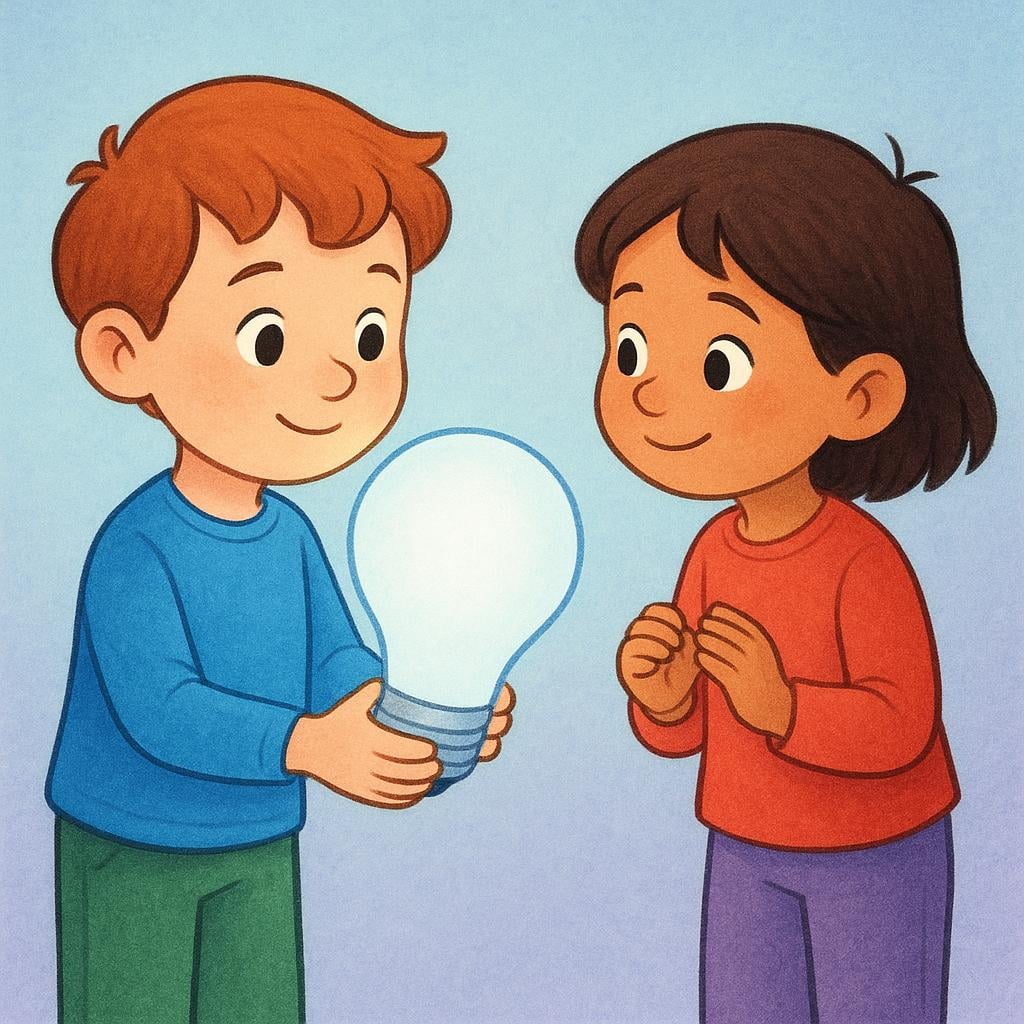 A young child stands confidently holding a large, glowing simplified lightbulb, symbolizing an idea or explanation, and is about to present it to another child who is seated and listening intently.