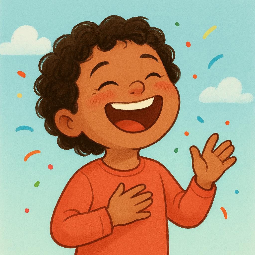 A brightly colored storybook illustration of a happy child laughing strongly, head tilted back, depicting the action of laughing.