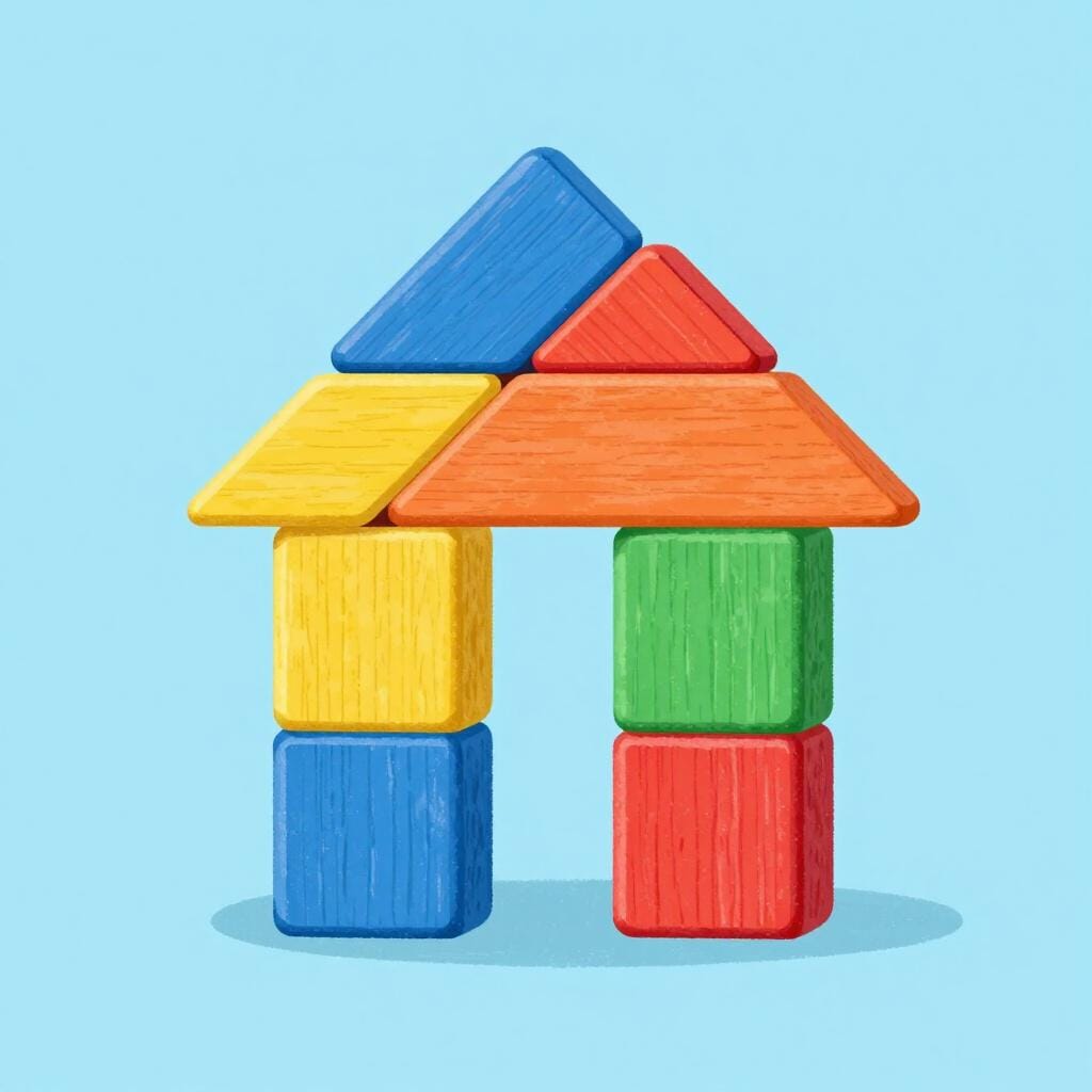 Uma criança brincando com blocos de construção de madeira coloridos para criar uma pequena estrutura de casa.