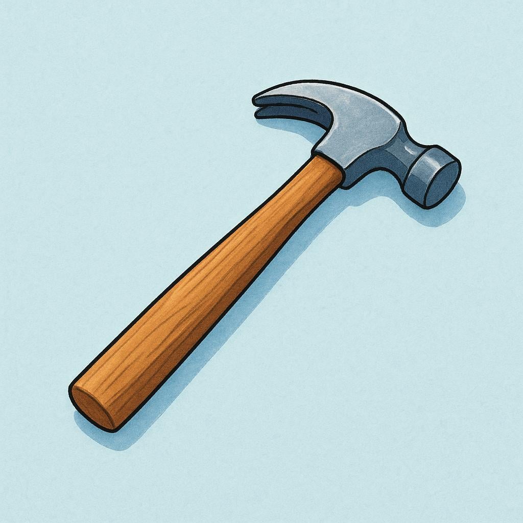 A simple wooden-handled claw hammer resting on a workbench, representing a tool.