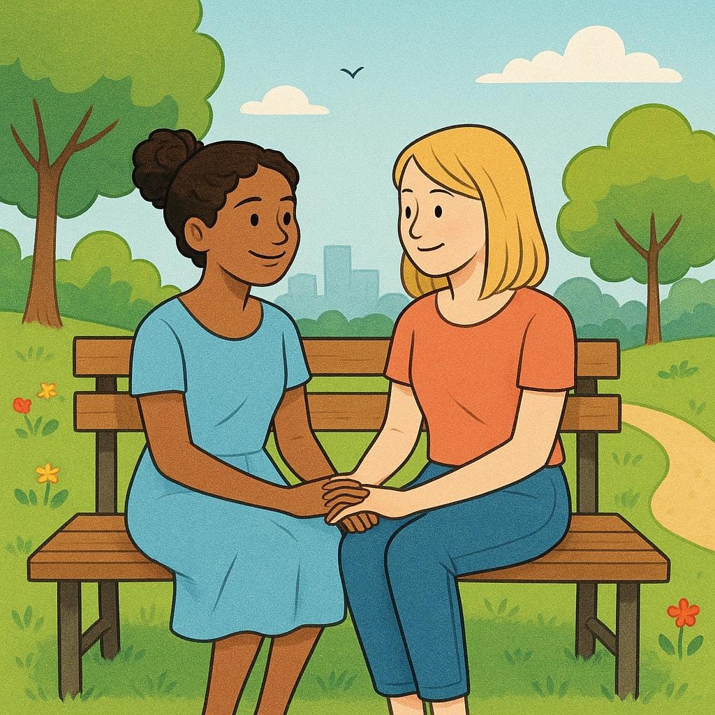 Two young women sitting together on a park bench, smiling and holding hands.