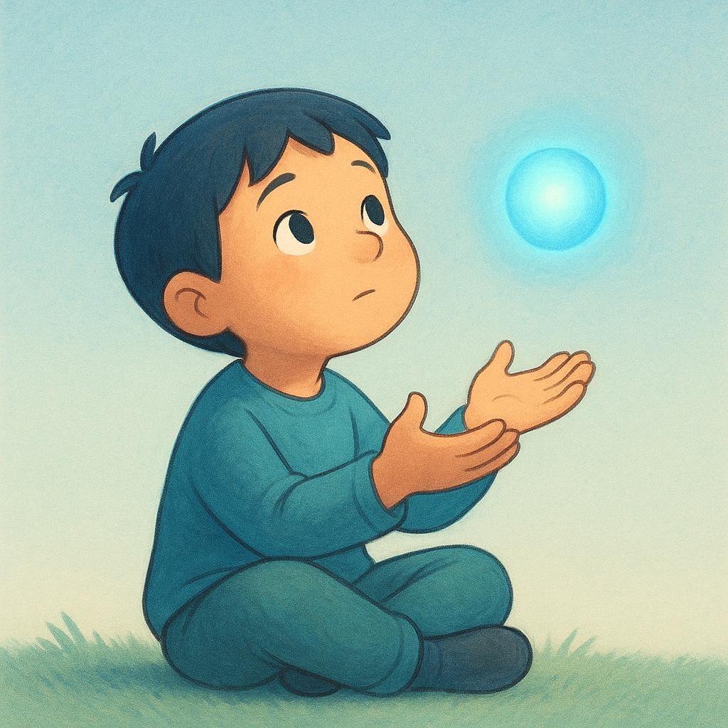 A simple, stylized child character sitting on the ground, looking up thoughtfully at a small, softly glowing mystical blue orb.