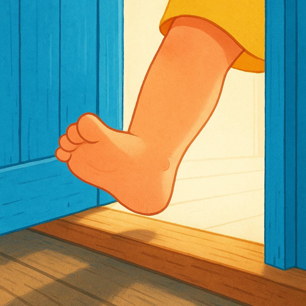 A colorful storybook illustration showing a child's foot stepping across the threshold of a brightly lit blue wooden doorway, indicating movement from outside to inside.