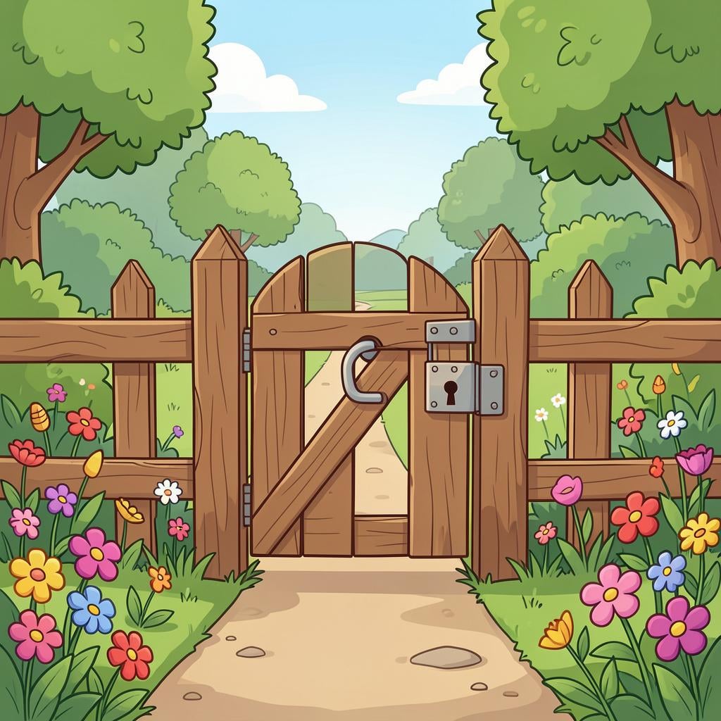 A wooden gate with a small padlock in front of a lush green garden path.