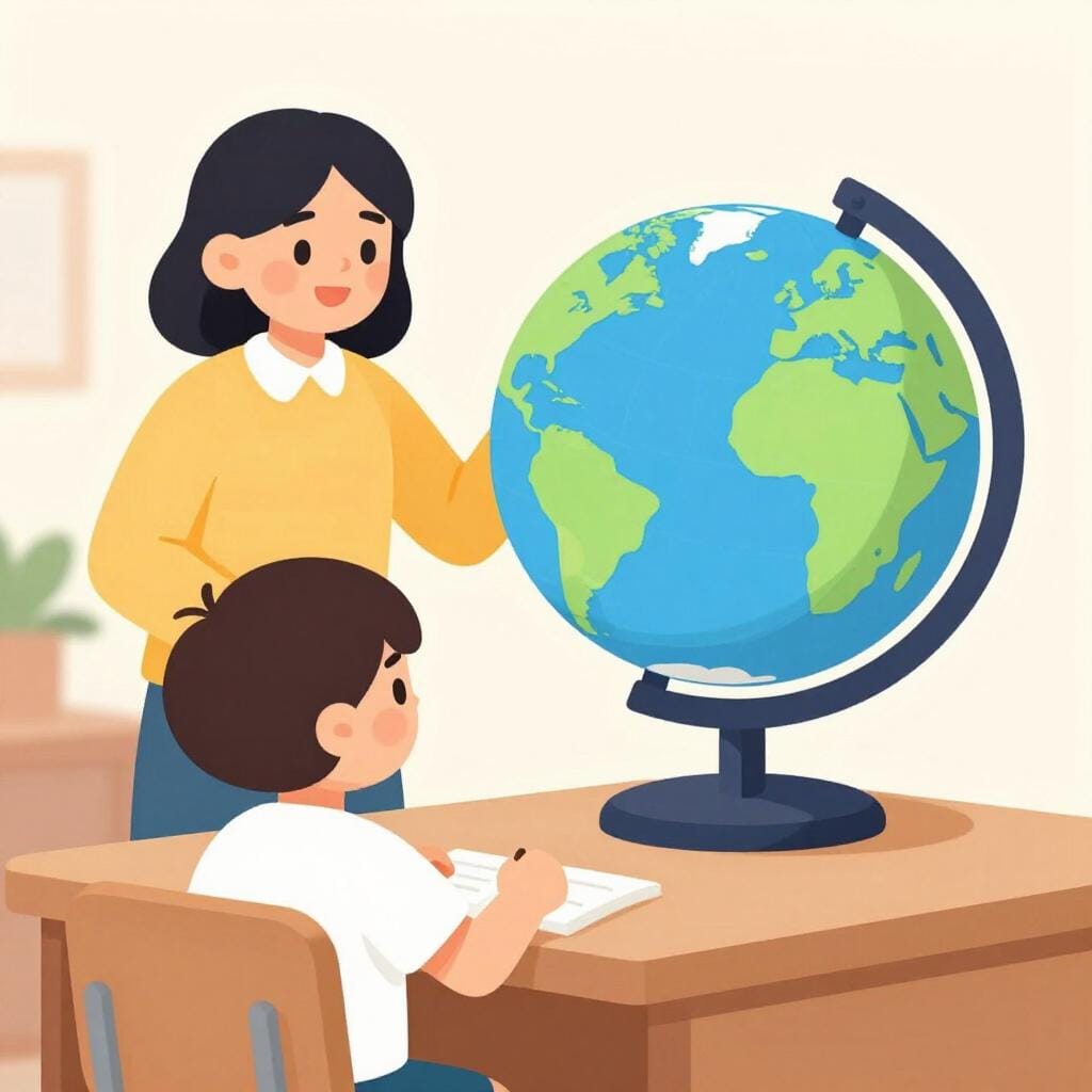 Un insegnante e uno studente guardano insieme un globo colorato in una stanza luminosa.