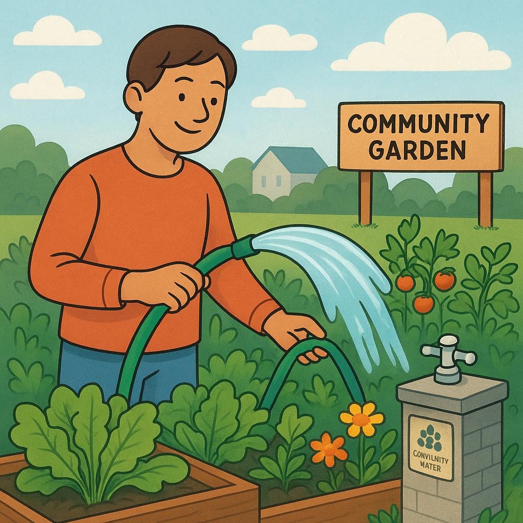 A person is watering a flourishing green garden using a hose connected to an established water source, representing the act of benefiting from a resource.