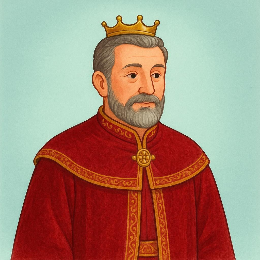 A distinguished nobleman wearing elaborate red velvet robes and a small gold coronet on his head, signifying a British title.