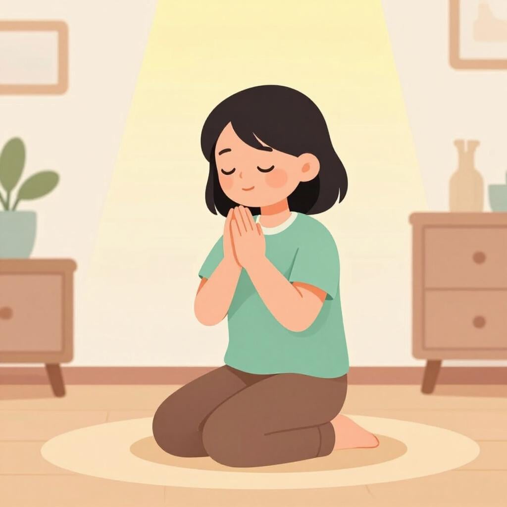 A person kneeling with hands clasped together in a peaceful prayer.