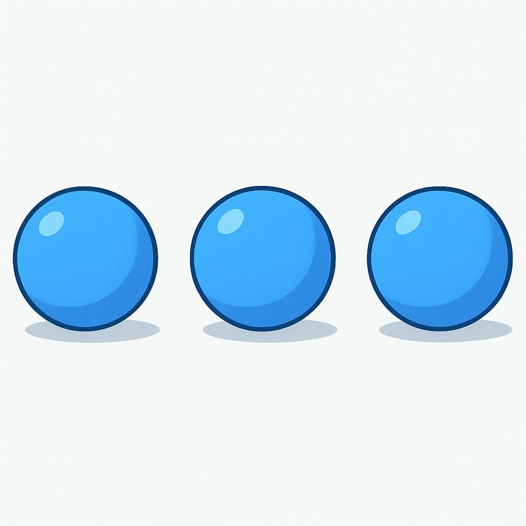 Eine ordentliche Reihe von drei identischen, einfachen blauen Kugeln, die visuell eine Gruppe von Standardobjekten darstellen.
