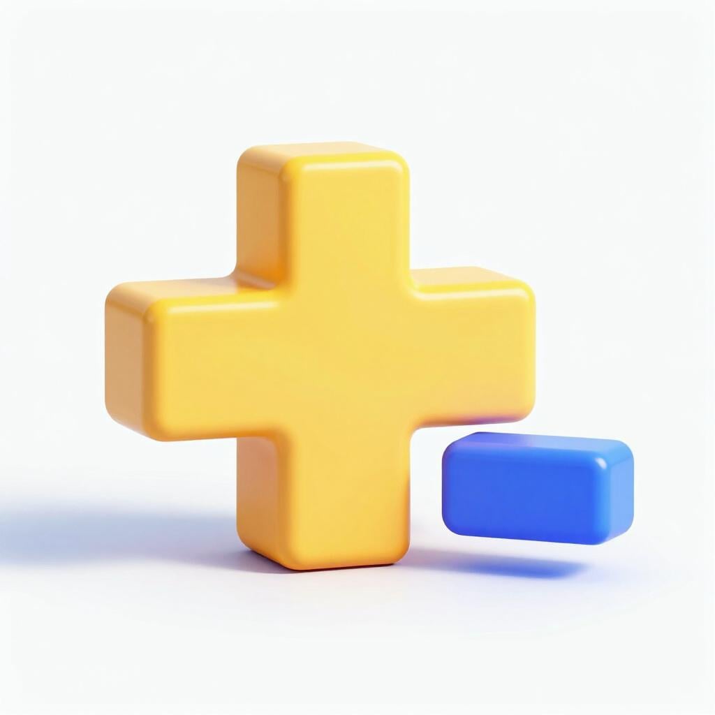 Un grande segno più colorato e un segno meno che fluttuano in uno spazio luminoso.